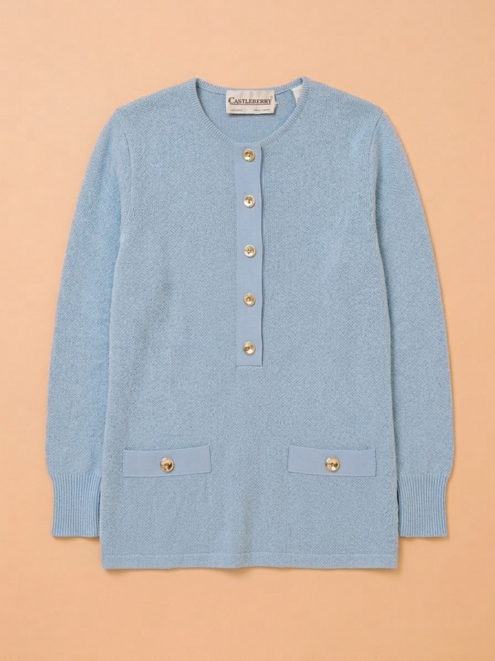 Vintage 70s Castleberry Knit Henly Tunic Top Light Blue Gold Buttons Size M / L - Picture 2 of 14